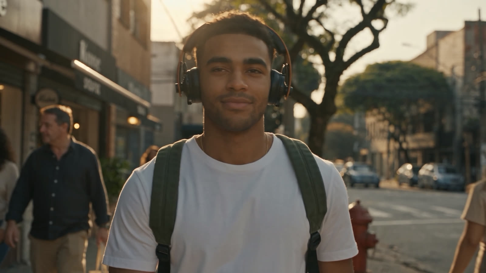 Walking down the street with headphones and a backpack