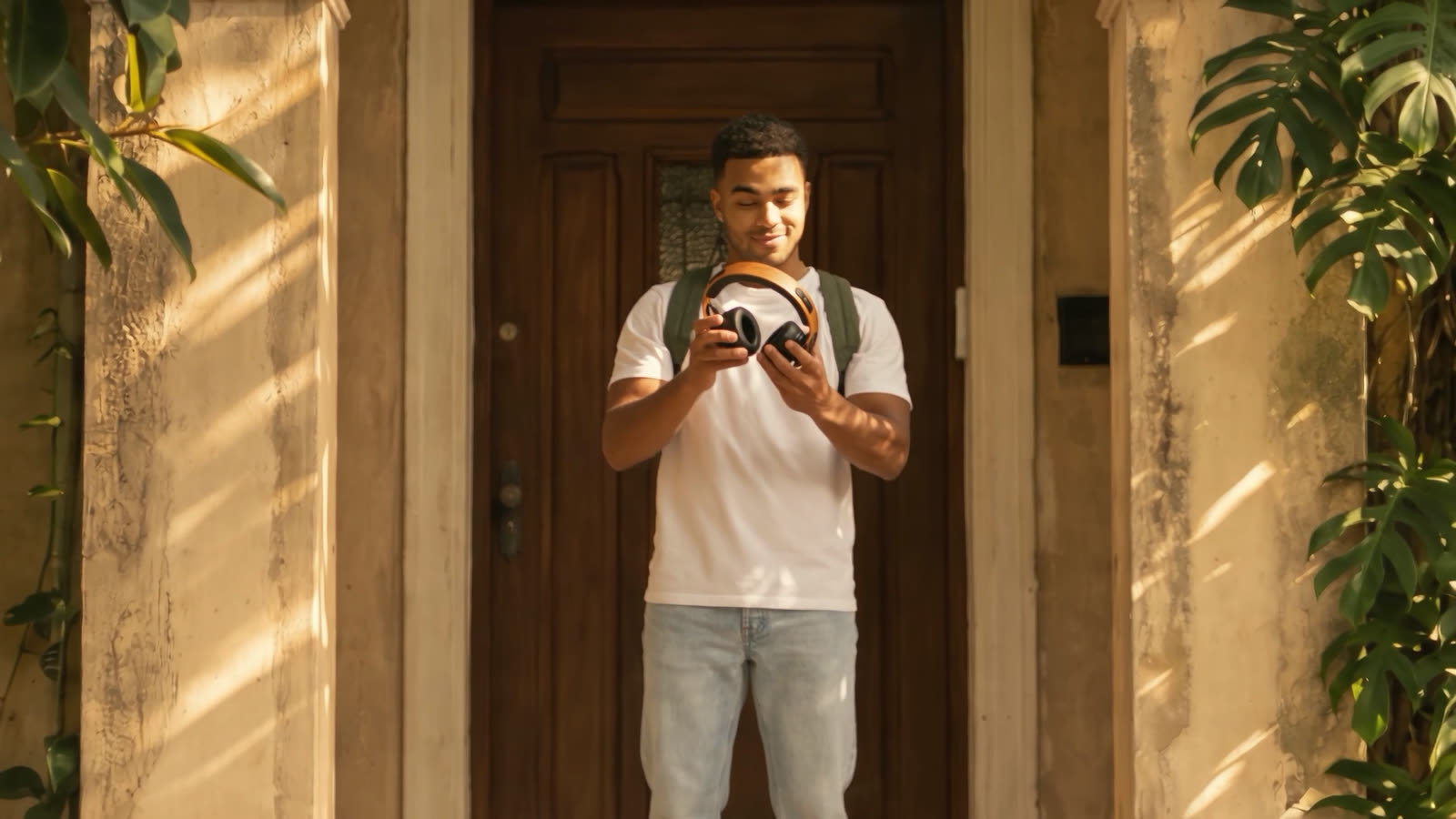 Standing at the door, on his phone