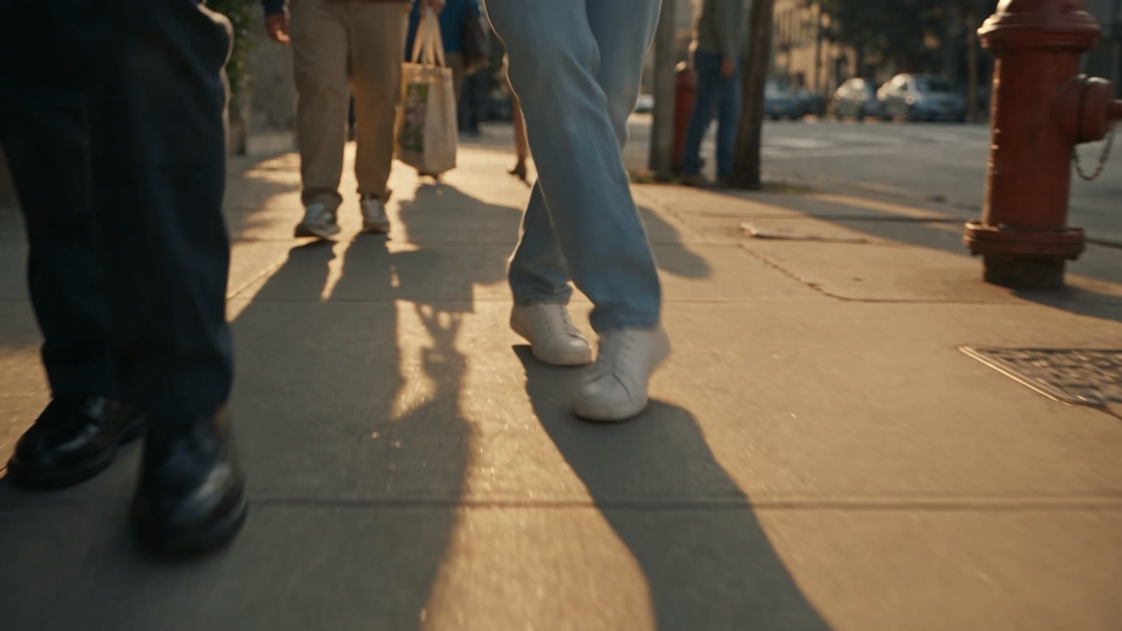 Feet and legs of people passing on the pavement