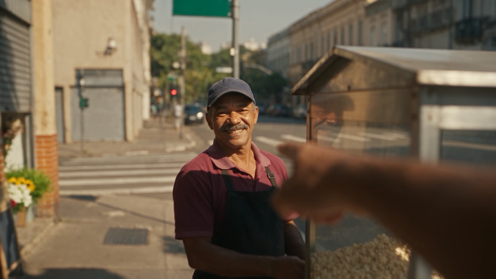 The popcorn vendor smiles beside his cart