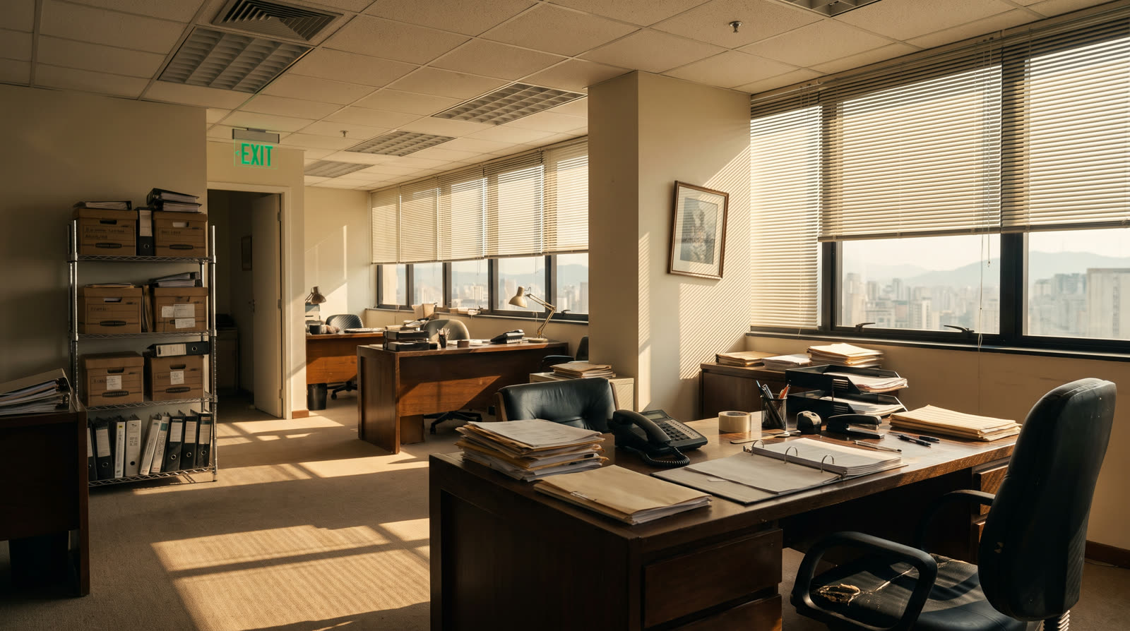 The office, desks in a row and light from the windows
