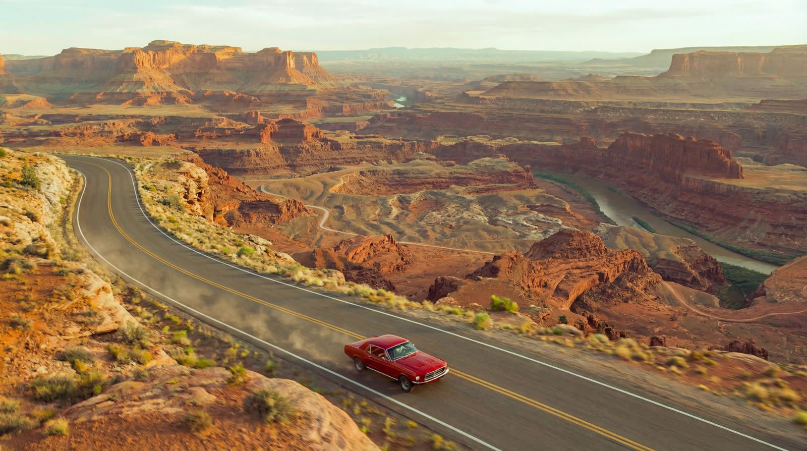 Aerial view of the winding road between rock formations