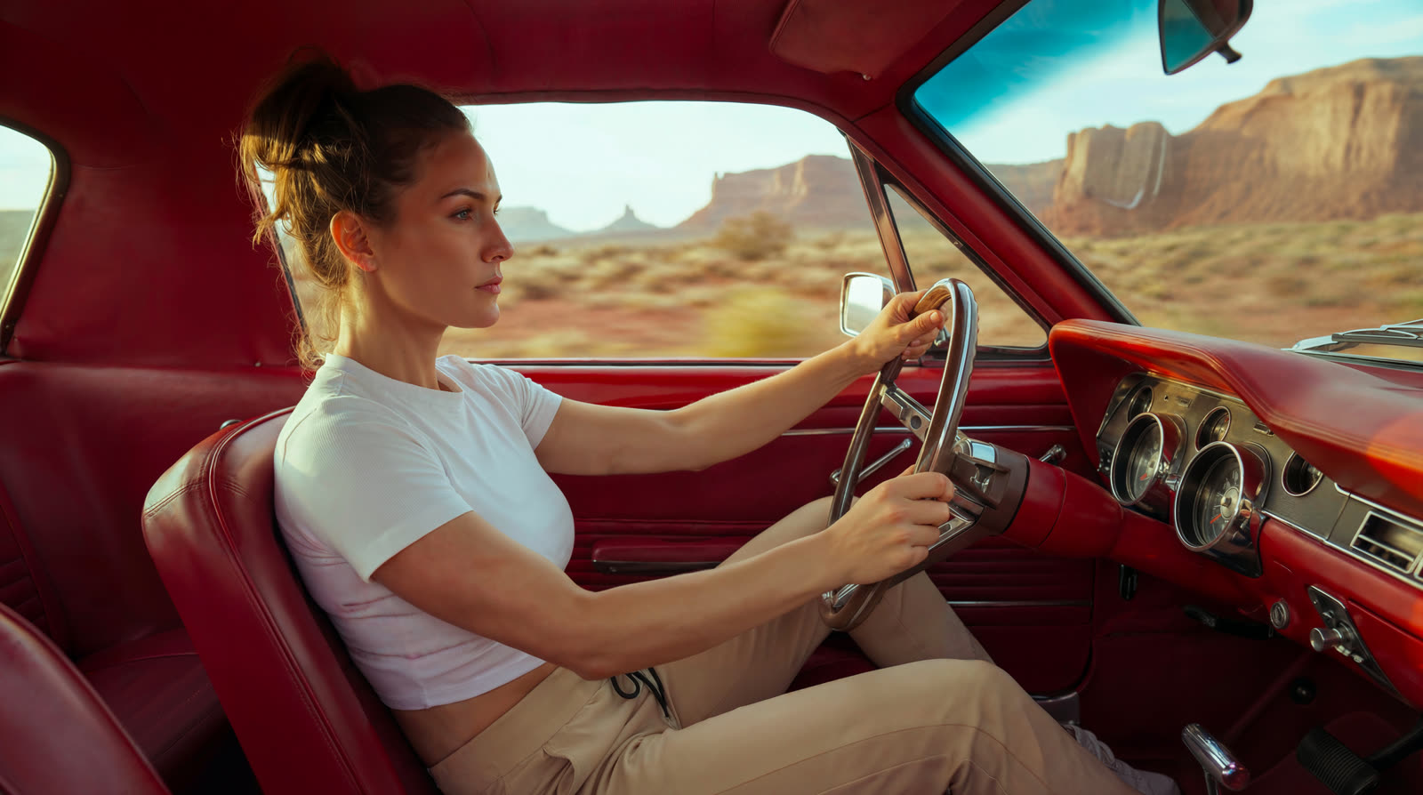 A woman driving the Mustang, seen from the passenger seat