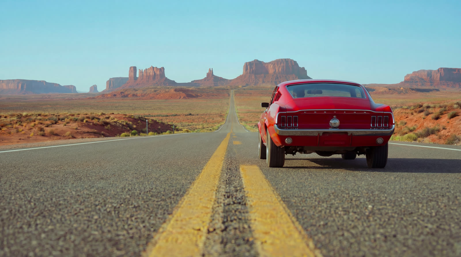 A red Mustang seen from behind on a straight desert road