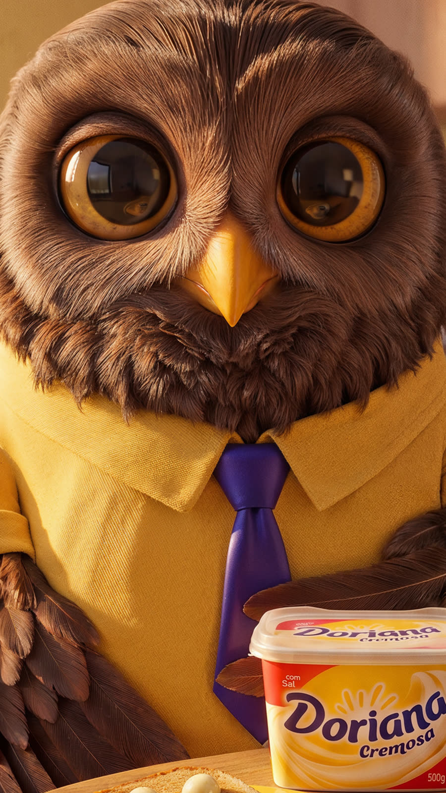 Close-up of the owl’s face, purple tie and the Doriana tub on the table