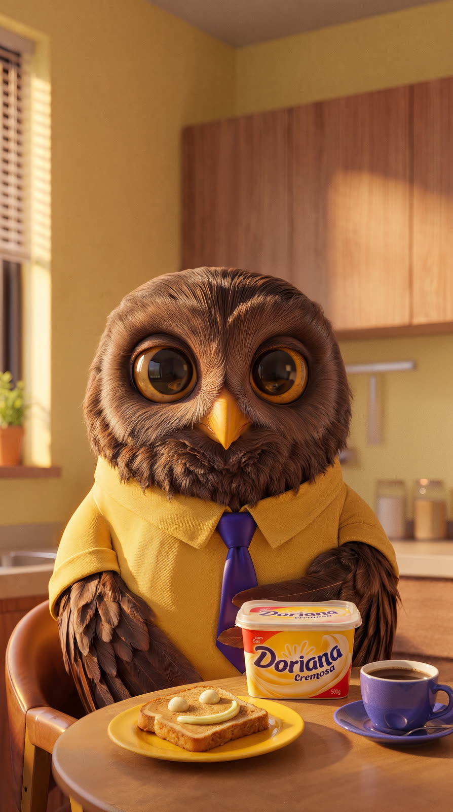 An owl in a yellow shirt and tie sitting at the breakfast table