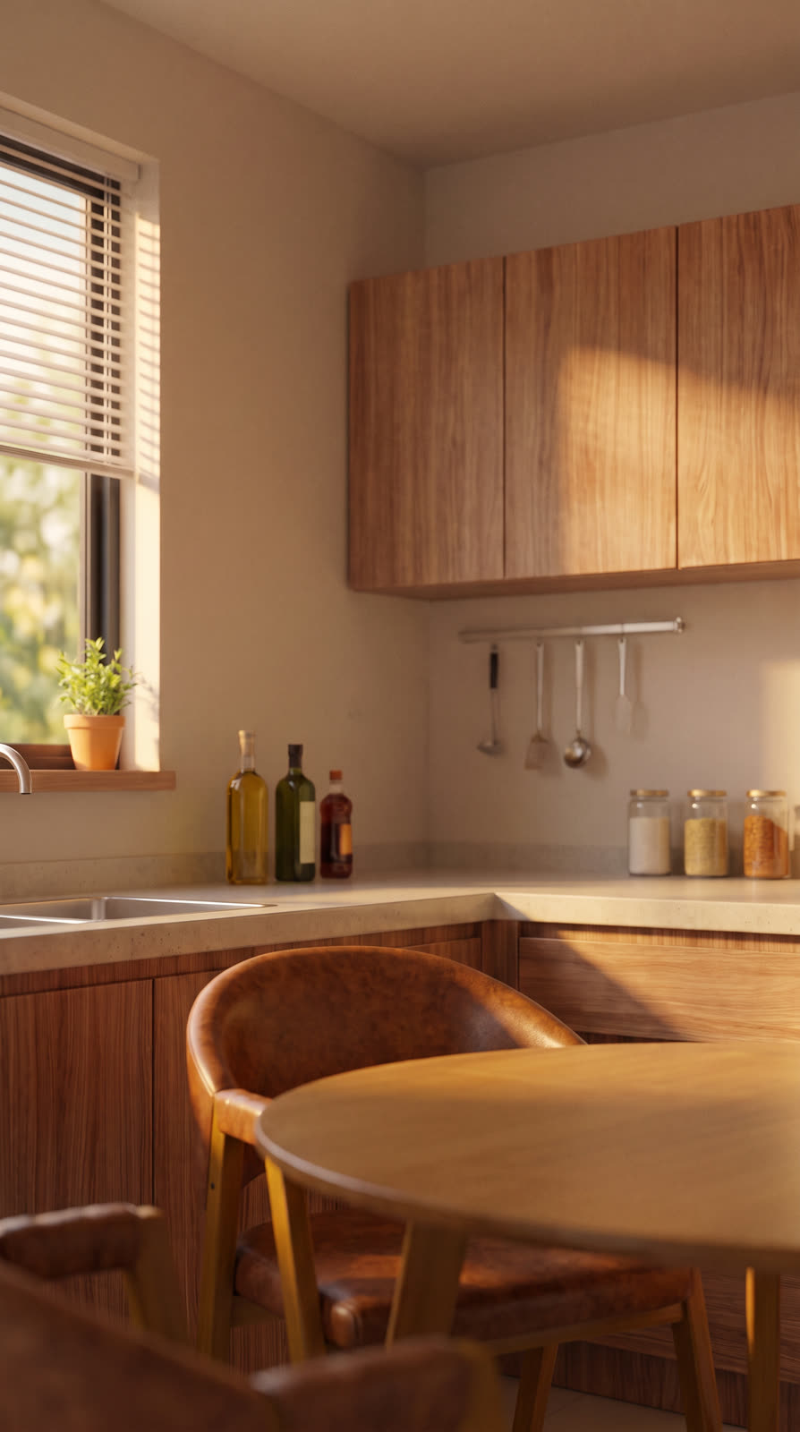 A sunlit kitchen with the breakfast table still empty