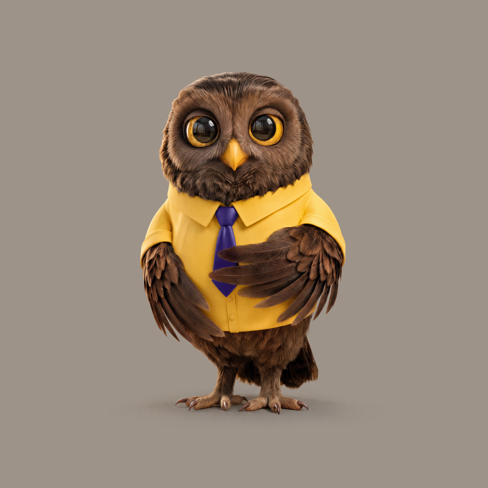 The owl character in shirt and tie, on a neutral background