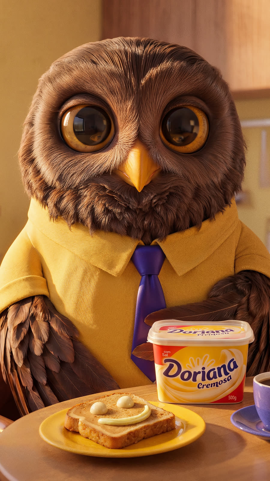 A piece of toast with a face drawn in margarine, next to the Doriana tub