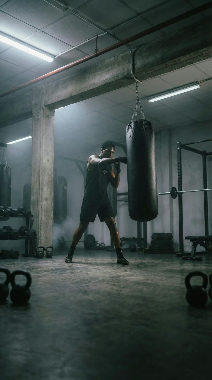 The athlete boxing in an empty gym