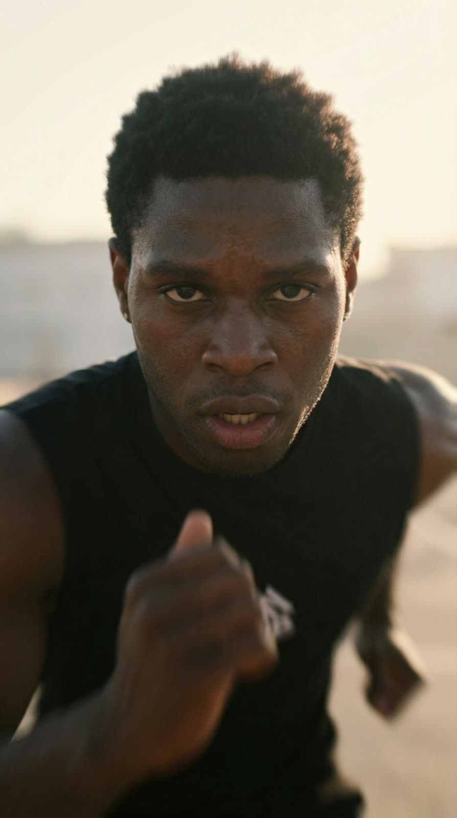 The athlete running towards camera, looking straight at it