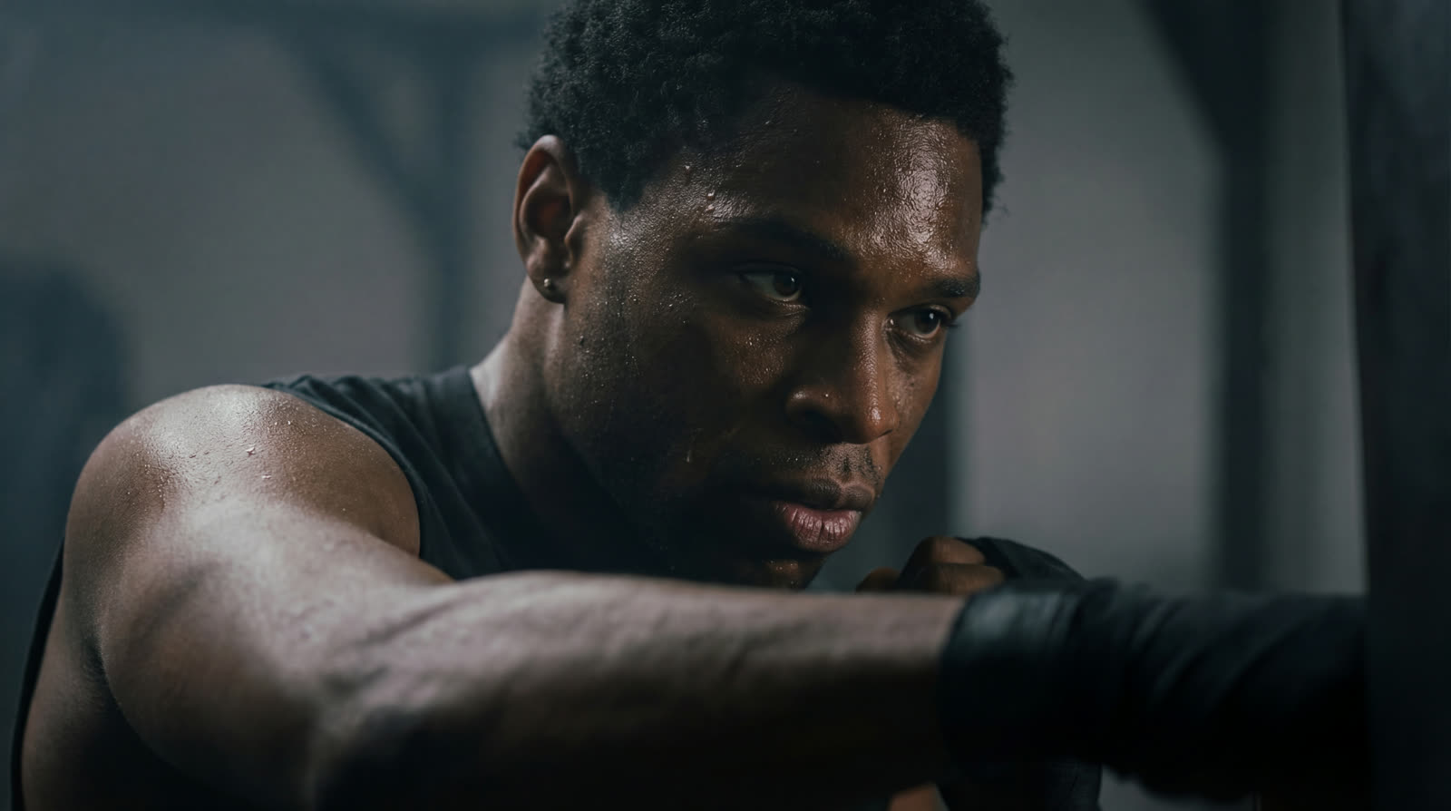 The athlete’s sweating face in a boxing guard
